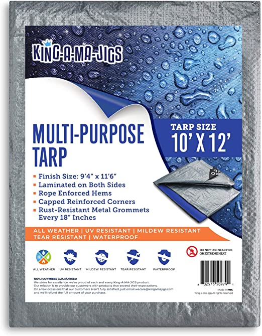 10x12 Tarp, Waterproof Plastic Poly 5.5 Mil Thick Tarpaulin with Metal Grommets Every 18 Inches - Emergency Rain Shelter, Outdoor Cover and Camping Use - (Reversible, Blue and Silver) (10 x 12 Foot)