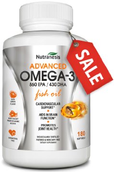 Omega 3 Fish Oil Supplement - Triple Strength EPA 860mg  DHA 430mg Fats - Burpless with Lemon Oil - Easy to Swallow - Mercury Free - Top Joint Heart and Brain Health Formula