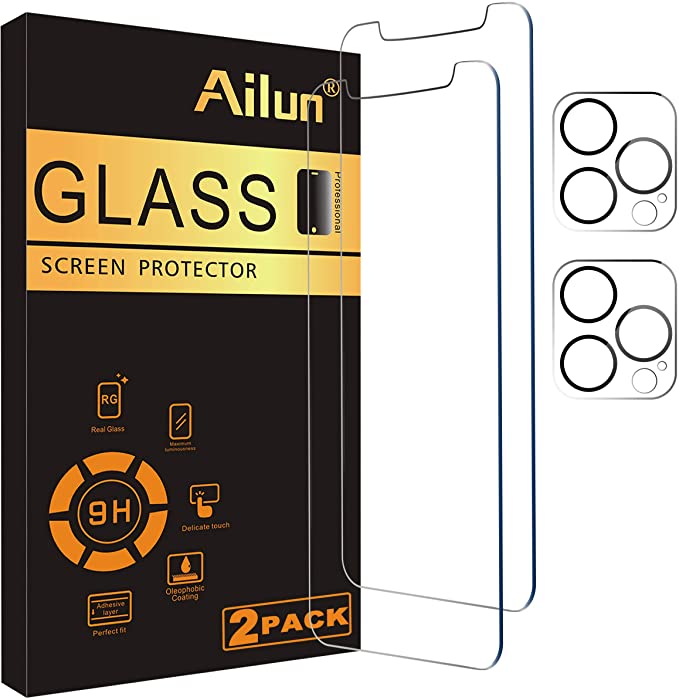 Ailun 2 Pack Screen Protector Compatible for iPhone 12 Pro Max[6.7 inch]   2 Pack Camera Lens Protector,Tempered Glass Film,[9H Hardness] - HD