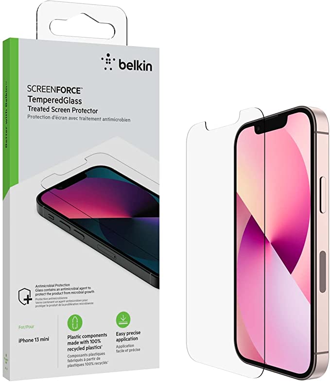 Belkin iPhone 13 Mini 2-Pack Screen Protector TemperedGlass, Easy Application Bubble Free with Included Guide Stickers