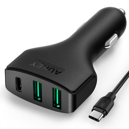 AUKEY Quick Charge 3.0 USB C Car Charger, 3 Ports 49.5W for Nexus 6P, Nexus 5X, and Other Type C Supported Devices( Inclued in a 1M USB C to C cable)--Black