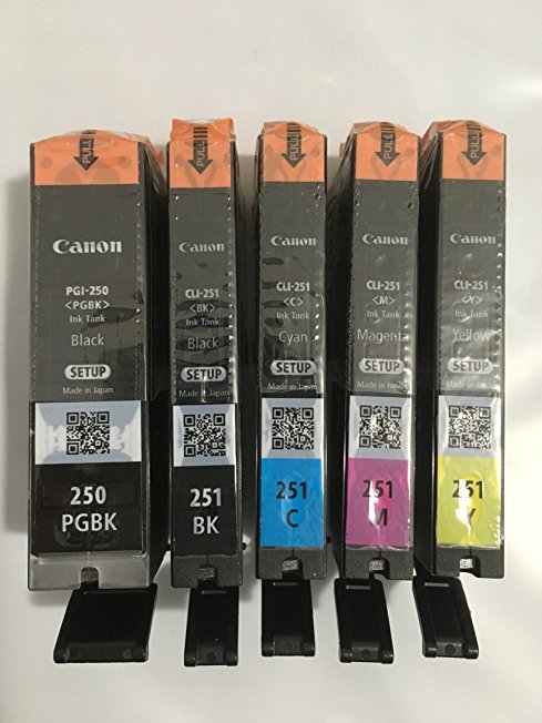 Canon OEM Genuine PGI-250 & CLI-251 Colors (CMY) and PGI/CLI Black Ink Cartridges - 5 Pack - Bulk Package