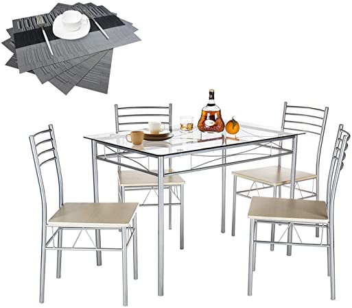 VECELO Dining Table with 4 Chairs [4 Placemats Included-] Silver