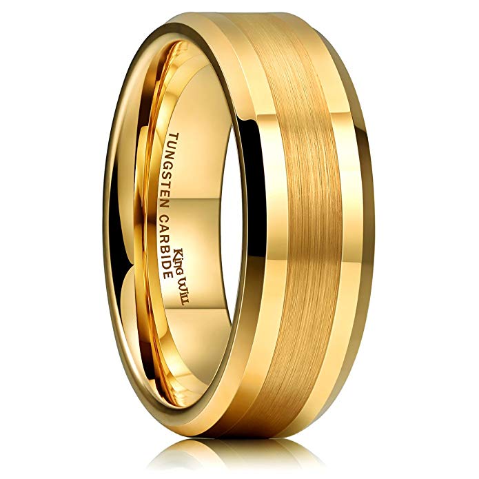 King Will GLORY 8mm Gold Tungsten Carbide Ring Brushed Center Mens Wedding Band Comfort Fit