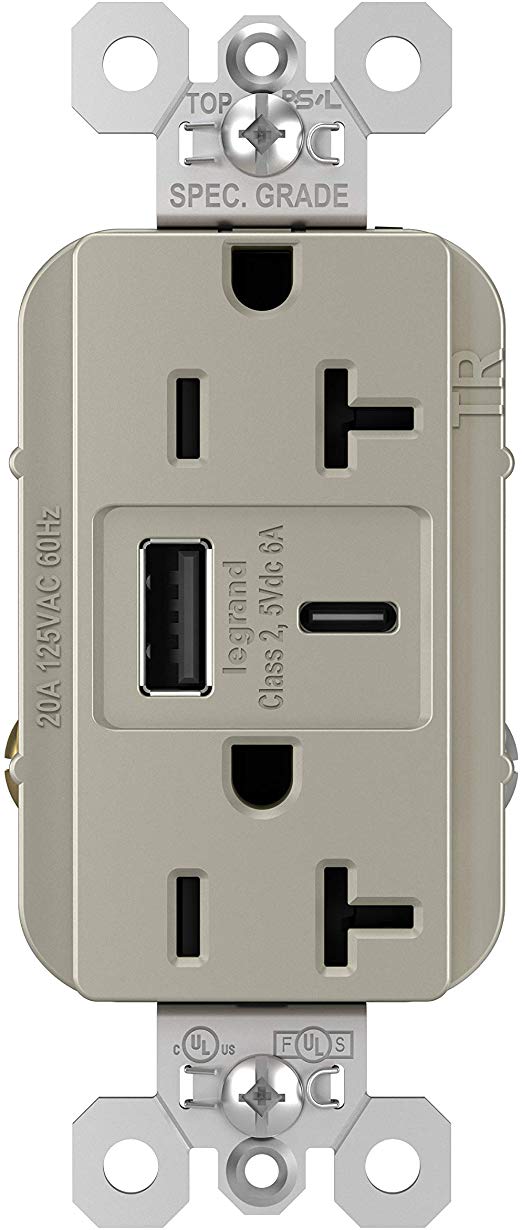 Pass & Seymour TR20USBAC6NI 20A Hybrid Type-C Ultra-Fast 6.0A Wall Dual USB Charger & Tamper-Resistant Duplex Power Outlet, Nickel | for Commercial Applications