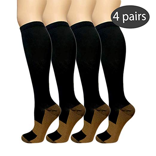 Copper Compression Socks For Men & Women -4 Pairs- Best For Running and Travel