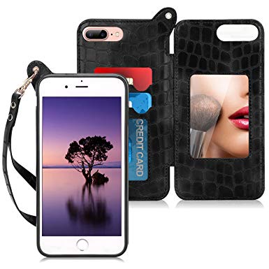 Skycase iPhone 8 Plus Case, iPhone 7 Plus Case, [ Premium Leather Wallet Case Cover] Detachable Hand Strap, Card Slots Makeup Mirror iPhone 7/8 Plus, Black