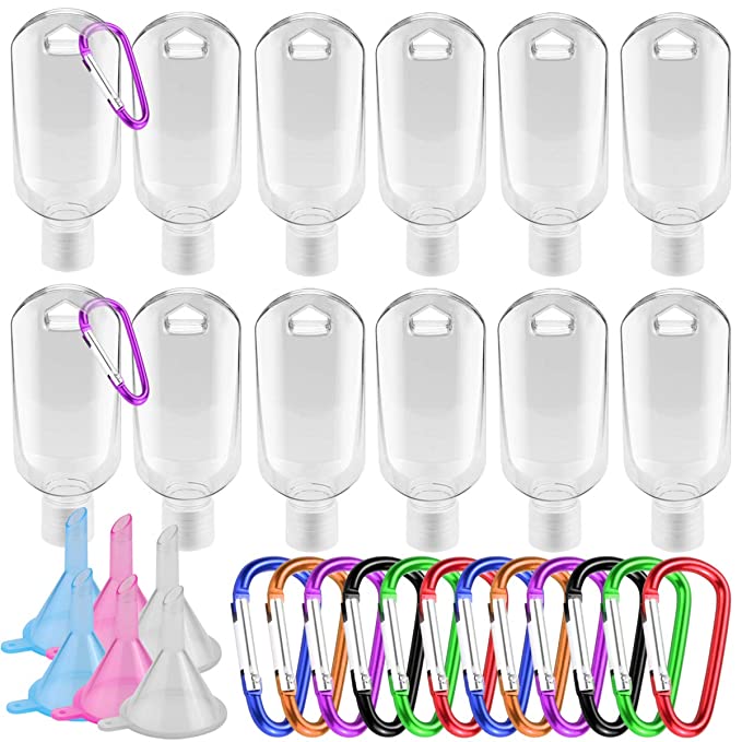 Kuqqi Travel Plastic Clear Keychain Empty Bottles,2oz/50ml Hand Sanitizer Bottle Containers with Flip Cap Leakproof Squeeze Bottles for Shampoo Liquid Cosmetic,12 Pack