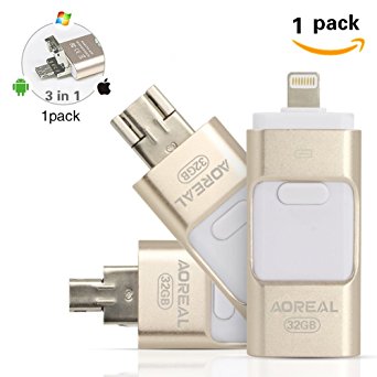 AOREAL 3 in Multi Functions Mobile USB iPhone Flash Drive External Storage Memory Stick with Lightning Connector, Compatible weth PC IOS Android system (Gold 32GB)