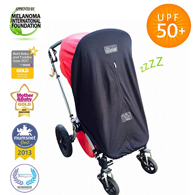 SnoozeShade Original | Universal fit pram and buggy sun shade | Blocks 99% UV | Blackout blind for pushchairs/bassinets/strollers | Limited Edition steel grey trim