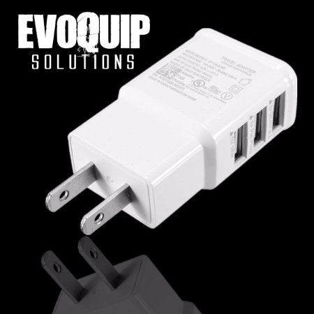3 Port USB Wall Charger by Evoquip Super Fast Charger For iphone and Samsung Galaxy Devices US Plug Charges All Types of Cell Phones and Tablets