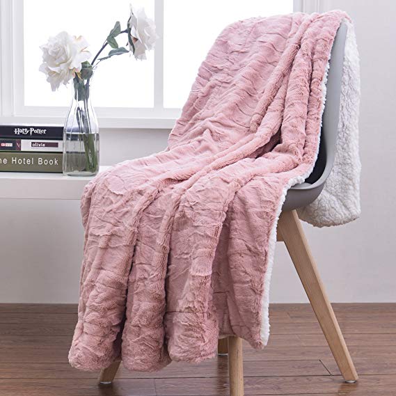 Tache Home Fashion Faux Fur Sherpa Throw Blanket, 90x90, Dusty Rose