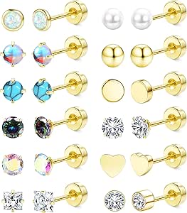 LOLIAS 12 Pairs Surgical Steel Earrings for Women Men Hypoallergenic Flat Back Stud Earrings 20G Surgical Steel Cartilage Earrings Opal CZ Pearl Small Sleep Nap Earrings for Sensitive Ears