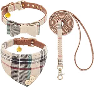 EXPAWLORER Dog Collar and Leash Set - Classic Plaid Dog Bow Tie and Dog Bandana Collar with Bell, Dog Leash Tangle Free, Adjustable Collars for Small Medium Large Dogs Cats, Holiday Ideal Gift