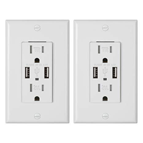 BN-LINK In-Wall Outlet with USB Ports, Dual Power Wall Outlet and Dual 4.8A High Speed USB Charger with 15A Tamper Resistant, 2Pack, White