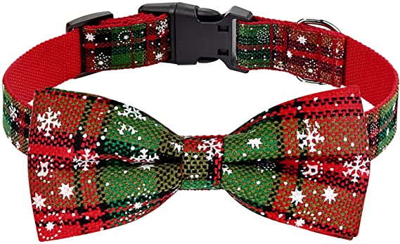 Malier Dog Collar with Bow tie, Christmas Classic Plaid Snowflake Dog Collar with Light Adjustable Buckle Suitable for Small Medium Large Dogs Cats Pets