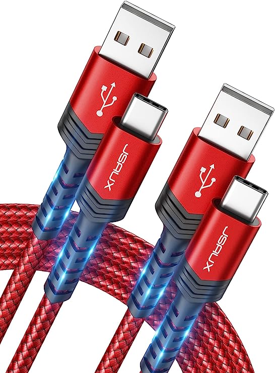 USB C Cable 3A Fast Charging, JSAUX [ 2 Pack 3.3Ft ] Type-C to USB-A Charge Braided Cord Compatible with Samsung Galaxy S10 S9 S8 S20 Plus A51 A11, Note 10 9 8, PS5 Controller, USB C Charger - Red