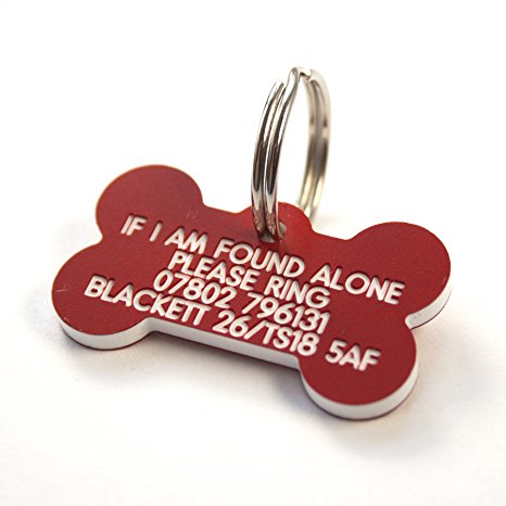 Deeply engraved red plastic bone shaped dog tag 39x22mm