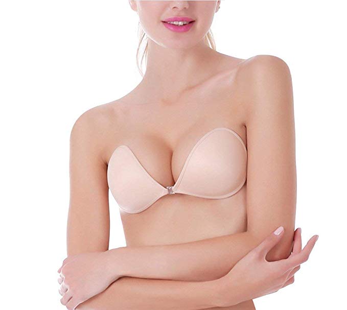 MITALOO Push up Strapless Self Adhesive Plunge Bra Invisible Backless Sticky Bras with Buckle Beige