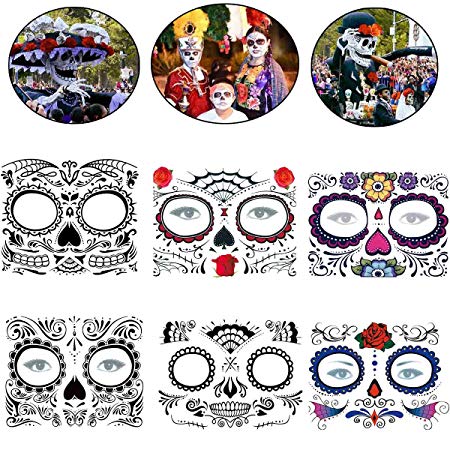 COKOHAPPY Day of the Dead Sugar Skull Rose Floral Skeleton Temporary Face Tattoo Kit - Pack of 6 Kits