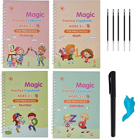 Magic Practice Copybook for Kids,4pcs Reused Caligraphy Book for Kids Writing Board Reusable Caligraphy Magical Copybook Kids Tracing Book for Handwriting Magical Letter Writing Book Set