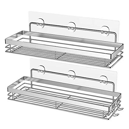 Nieifi Bathroom Shelf with 2 Hooks Shower Organizer Storage Kitchen Rack Adhesive No Drilling Stainless Steel - 2 Pack