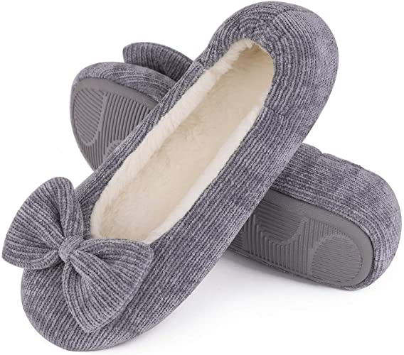 Women's Fuzzy Memory Foam Ballerina Slippers Soft Cotton Knit House Shoes with Stretchable Heel