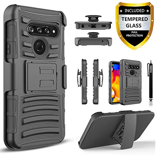 LG V40 ThinQ Case, LG V40 Case, With [Tempered Glass Screen Protector Included], Circlemalls Built-In Kickstand Belt Clip Holster Heavy Duty Protective Phone Cover Bundled And Stylus Pen-Black