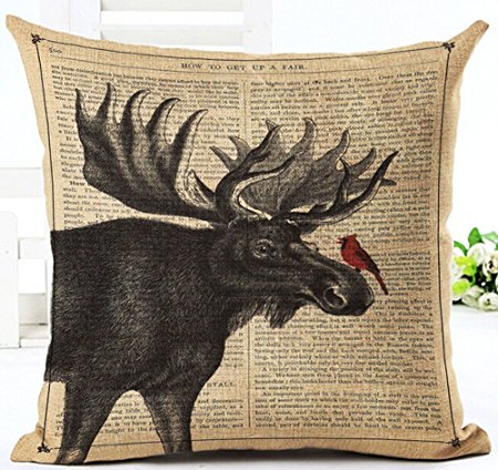 Cotton Linen Retro Elk Page Illustration Black Sketch Holiday Moose Bucks and Butterflies Birds Pillow Covers Cushion Cover Decorative Sofa Bedroom and Living Room (5)