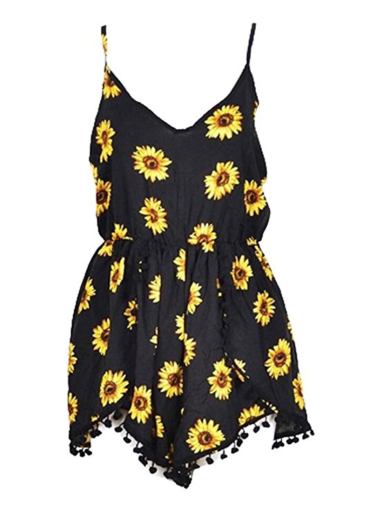 Lanzom Women Summer Vintage V Neck Straps Sunflower Print Romper Jumpsuit