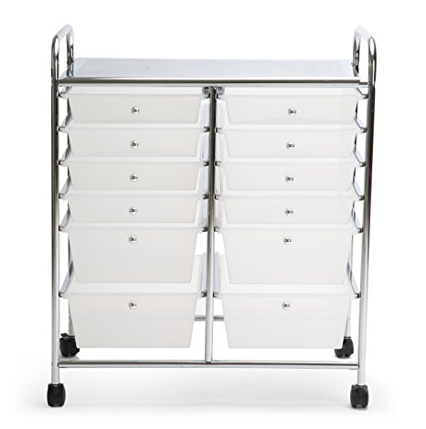 Finnhomy 12 Drawer Rolling Cart Organizer,Storage Cart with Drawers, Utility Cart for School, Office, Home, Beauty Salon Storage, Semi-transparent White