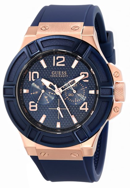 GUESS Men's U0247G3 Rigor Blue & Rose Gold-Tone Silcone Casual Sport Watch