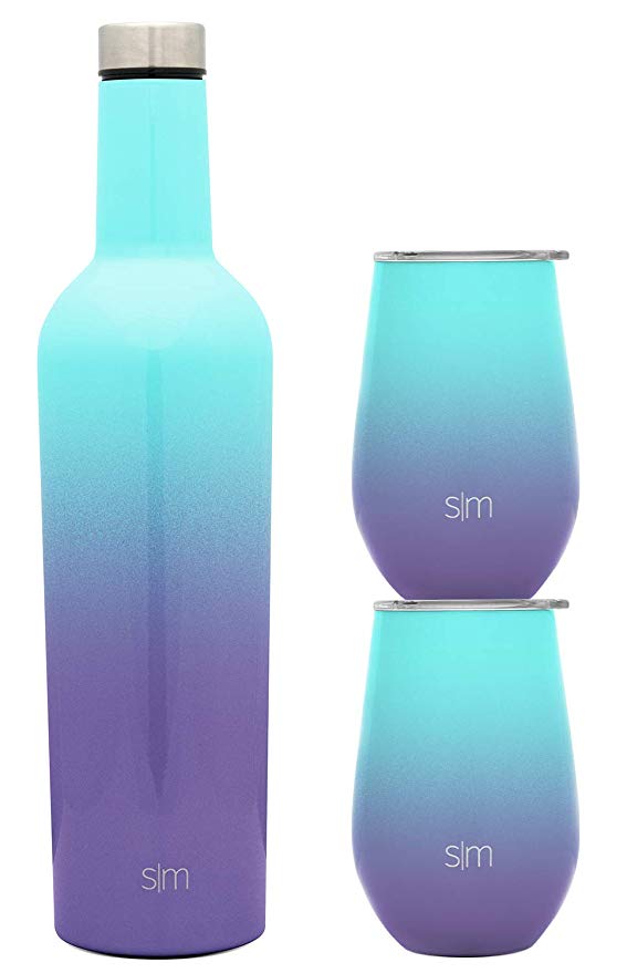 Simple Modern Spirit Wine Bundle - 2 12oz Wine Tumbler Glasses with Lids & 1 Wine Bottle - Vacuum Insulated 18/8 Stainless Steel Ombre: Tropical Seas