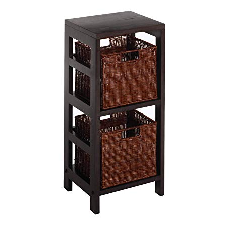 Winsome Wood Leo Wood 2 Tiered Shelf with 2 Rattan Baskets