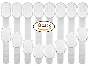 Adjustable Child Safety Cabinet Locks [8 Pack] - Latches to Baby Proof Cabinets, Drawers, Cupboards, Fridge, Oven, Toilet Seat - No Tools/Drilling & Easy to Install - Ideal Gift For Baby Showers-White