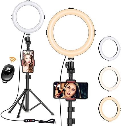 8" Ring Light with Tripod Stand - Dimmable Selfie Ring Light LED Camera Ringlight with Tripod and Phone Holder for Live Stream/Makeup/YouTube Video, Compatible for iPhone Android, Remote(Upgraded)