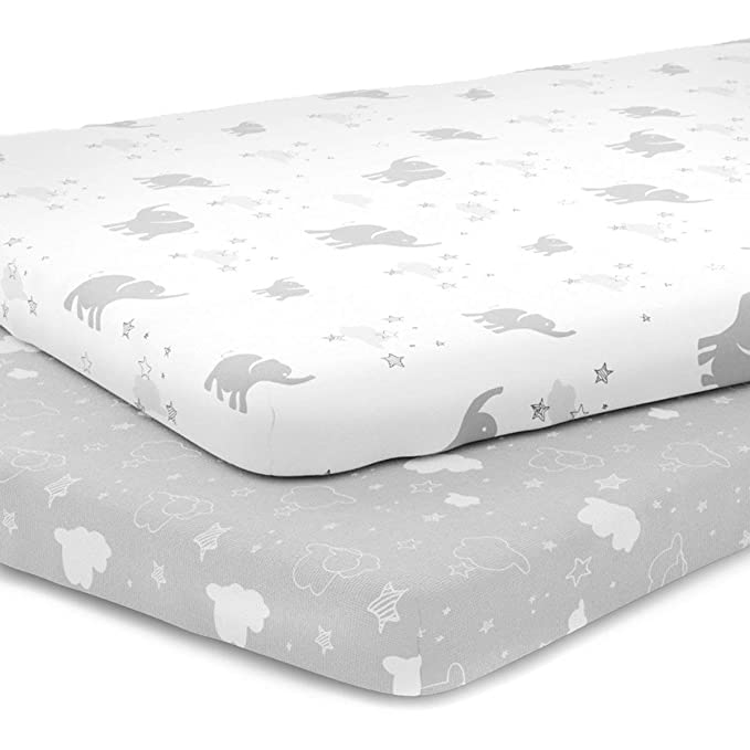 Pack n Play Playard Sheet Set - Portable Mini Crib Mattress Pad Sheets - Convertible Mattress Cover - Stretchy Fitted Jersey Cotton Will Fit Any Playard Size - Unisex - Elephants, Stars, & Clouds