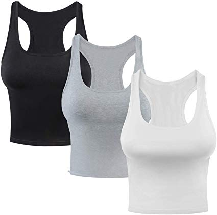 Tenpluszero 3 Pieces Cotton Basic Crop Tank Tops Sleeveless Racerback Sports Tank Tops for Women Girls Daily Wearing