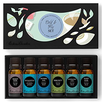 COLD & FLU Essential Oil Set- 100% Pure Therapeutic Grade Aromatherapy Oils- 6/ 10 ml of Digest Ease, Eucalyptus, Fighting Five (previously known as Four Thieves), Immunity, Respiratory Ease, Sleep Ease by Edens Garden …