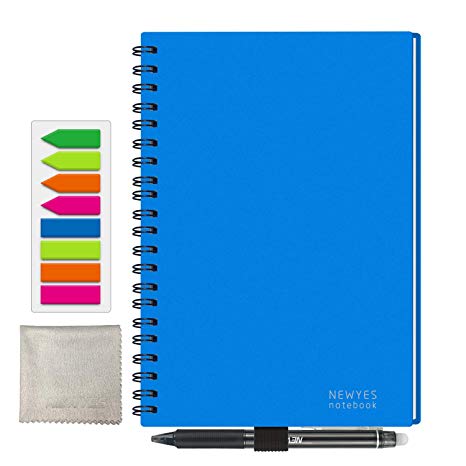 Reusable Smart Notebook, A5 Size Wirebound Notebook 100 Pages - 50 Pages Wide Rule & 50 Pages Dotted - Cloud Storage [Included with 1 x Erasable Pen, 1 x Microfiber Cloth] (navy blue)