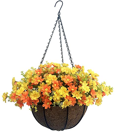 Lopkey Artificial Daisy Flowers Outdoor Indoor Patio Lawn Garden Hanging Basket with Chain Flowerpot,10 inch Yellow