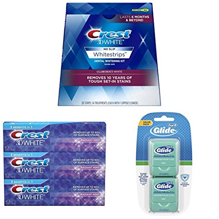 Crest 3D Teeth Whitening Strips Kit with White Toothpaste Mint and Mint Flavor Floss