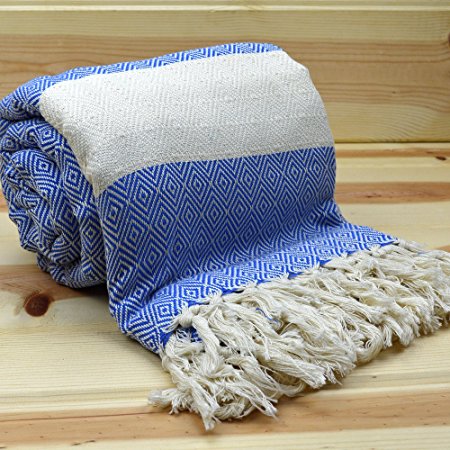 Queen Size Turkish Beach Bed Throw Camping Outdoor Large Blanket Peshtemal Pestemal Yoga Meditation and Picnic 100% Cotton Size 78 X 98 Inches (200 X 250) Cm Diamond-Blue