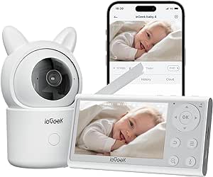 ieGeek Babyphone mit Kamera und App, Intelligente Nachtsicht，1080P/4,3 Zoll WLAN Video Babyfon PTZ 355°, Automatische Verfolgung, Bewegungs/Geräuscherkennung, Temperaturanzeige,Mobile App Steuerung