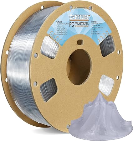 OVERTURE PC PROFEESIONAL Filament, Cardboard Spool, 1kg(2.2lbs), Dimensional Accuracy 99% Probability +/- 0.03mm, Fit Most FDM Printer (Transparent)