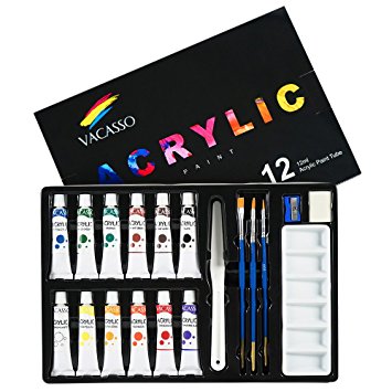 VACASSO Acrylic Paint Set Tube, 12x12ml Colors Perfect for Painting Canvas, Wood, Clay, Fabric, Ceramic & Crafts, Non-Toxic & Quick Dry, Great For Beginners, Students & Adults (12 Tube Set)