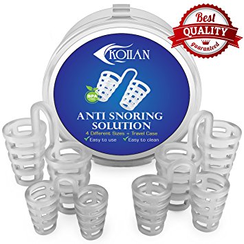 Snoring Solution Nose Vents by KOIIAN - Safe and Comfortable Stop Snore Sleep Aid Device - BPA Free and High Quality Medical Grade Silicone - Set of 4 Different Sizes and Travel Case