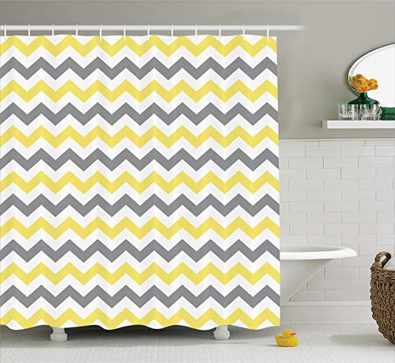 Ambesonne Geometric Decor Collection, Horizontal Chevron Pattern Endless Simplicity Fashionable Trendy Artful Design , Polyester Fabric Bathroom Shower Curtain Set with Hooks, Yellow Grey White