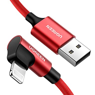 UGREEN Lightning Ladekabel Winkelstecker 1M, MFi Zertifiziertes 90 Grad USB Lightning Kabel Nylon kompatibel mit iPhone 12, SE, 11, X, XR, XS, 8, 7, iPad 2020, 2019, AirPods Ladecase usw. (Rot)