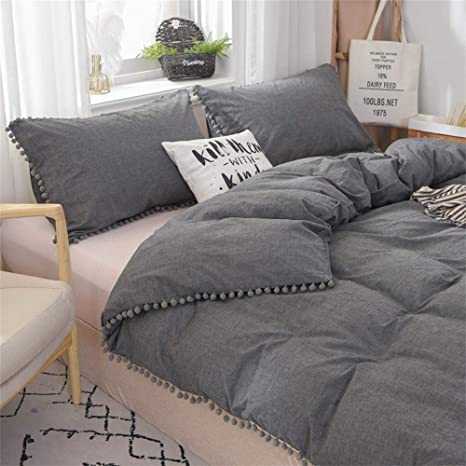 Softta California King Bedding Gray 3 Pcs Boho Duvet Cover Vintage and Shabby Pompom Bohemian Quilt Cover 100% Washed Cotton Baby Teen Girls Bedding Grey with Zipper Closure